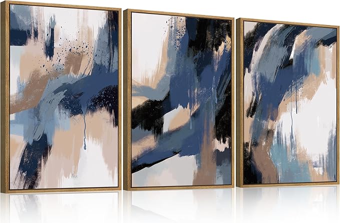 Extra Large Blue Neutral Wall Art Decor Modern Abstract Wall Painting Framed Artwork for Living Room Bedroom Office 24x36 Inch Set of 3