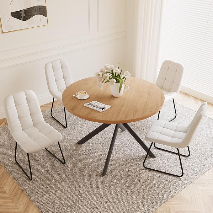 45.3 Inch Round Dining Table Set for 4, Mid Century Modern Small Kitchen Coffee Set for Dining Room Kitchen Apartment (Oak Table + 4 U-Shaped White Chairs)