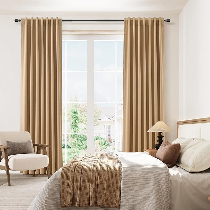 Guken 100% Blackout Linen Curtains 96 Inch Length 2 Panels Set for Living Room Bedroom Back Tab Thermal Insulated Black Out Linen Drapes Room Darkening Window Curtains,Camel Brown