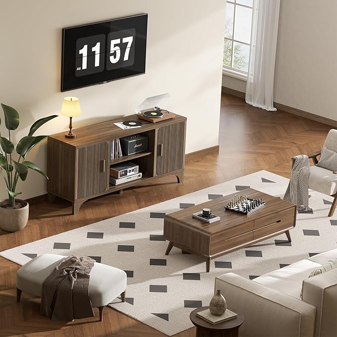 Tall Mid Century Modern TV Stands for 55/60/65 Inch TV Boho Media Console for Living Room Fluted TV Entertainment Center with Storage Wood Television Cabinet for Bedroom