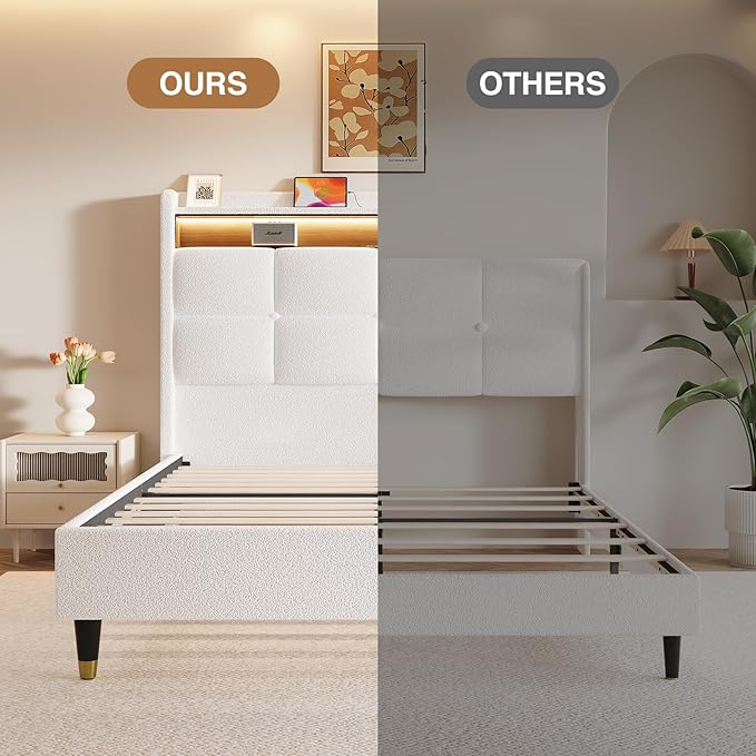 Queen Bed Frame with Headboard, 51" Tall Teddy Fleece Wingback Tufted Upholstered Platform Bed, LED Lights&USB/Type-C Port and Double Storage Shelf, No Box Spring Needed, Easy Assembly, White