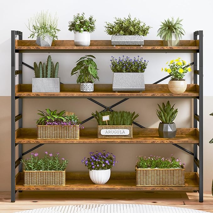 HCHQHS 4 Tier Bookshelf, Adjustable Industrial Bookcase, Vertical Tall Book Shelf, Wood and Black Metal Open Bookshelves for Home Office, Living Room, Bedroom