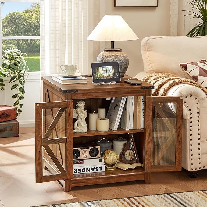 Farmhouse Coffee Table Sets 2 Pieces, Large End Side Tables with Charging Station and Coffee Table with Hidden Storage Compartment, Black Living Room Table Set, Wood Furniture Sets for Home Office