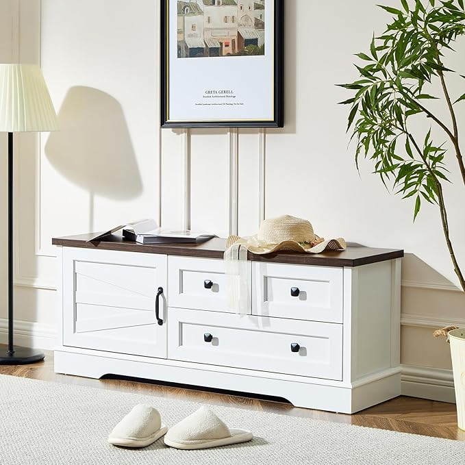 LIDYUK 3 Drawer White Dresser for Bedroom Farmhouse Dresser Chest of Drawers, 48" End of Bed Storage Bench Wide Chest of Drawers for Bedroom, Living Room