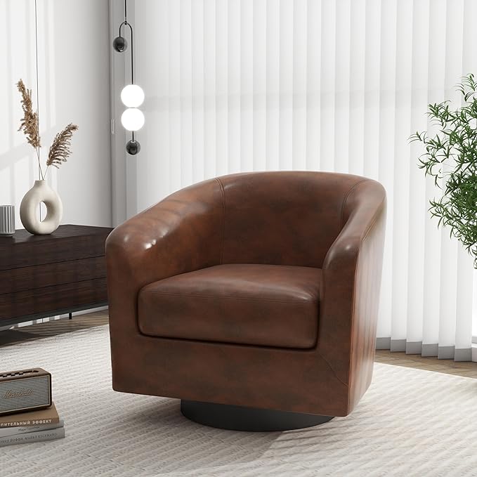 Swivel Barrel Accent Chair, Modern Round Faux Leather Arm Chair for Living Room, Bedroom, Comfy Club Reading Chairs for Adults(Faux Leather, Coffee, Set of 1)