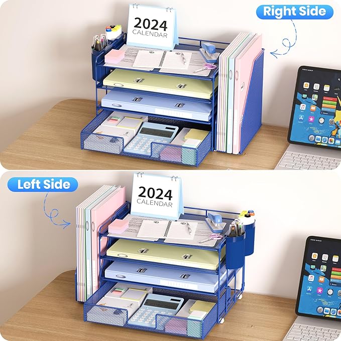 Desk Organizer and Accessories, 4-Tier Desktop File Organizer with Drawer and 2 Pen Holders, Office Desk Accessories for Office Supplies(Dark Blue)