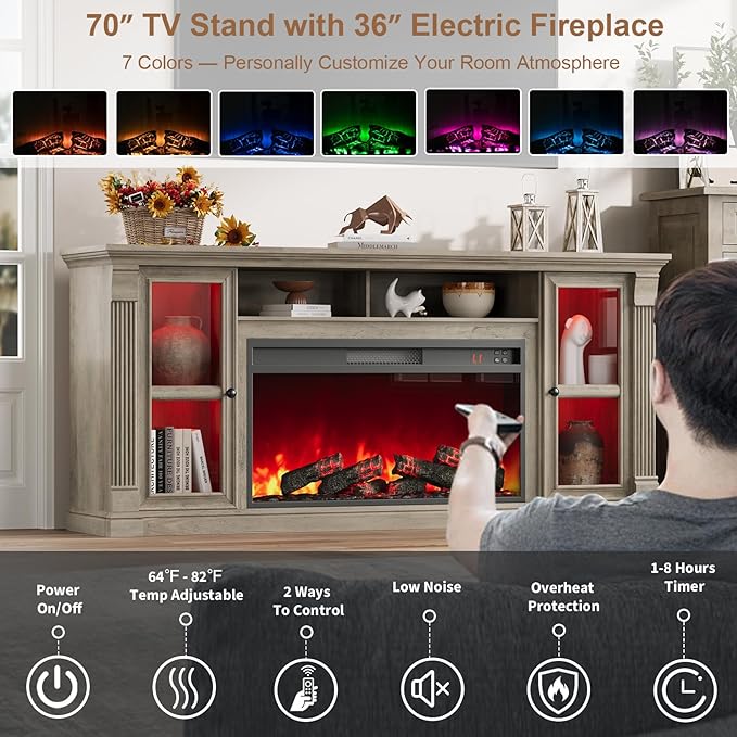 Farmhouse Fireplace TV Stand Up to 80" TVs, 70" Modern Highboy Entertainment Center with 36" Electric Fireplace & LED Lights, Media Console with Adjustable Shelves for Living Room, Gray