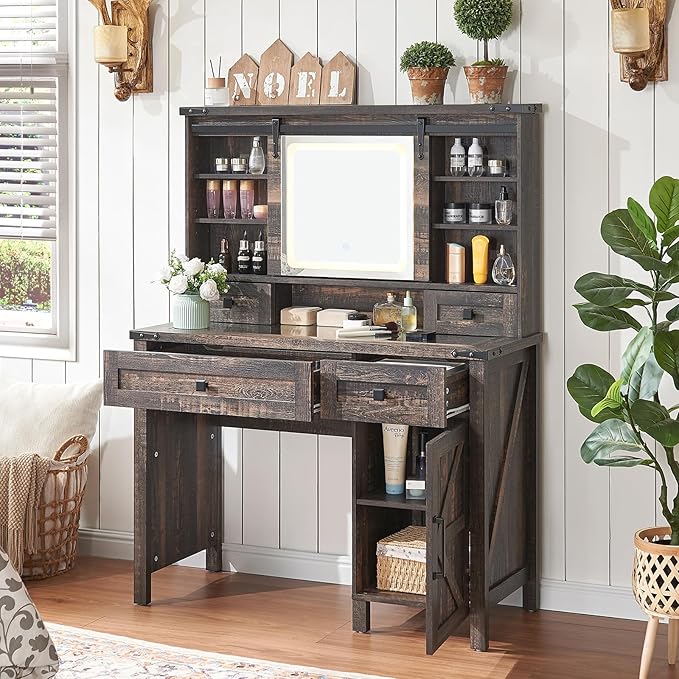 42'' Farmhouse Makeup Vanity Desk with Sliding Mirror and Lights, Glass Tabletop Vanity Table with Barn Door, 4 Drawers & Hidden Shelves, Rustic Big Vanity Women Dressing Table, Dark Oak