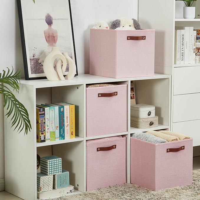 Collapsible Fabric Storage Cube Bins with 2 Reinforced PU Handles, Foldable Storage Organizer Baskets for Closet, Shelves, Living Room | 13"x13"x13", 4 Pack, Full Pink