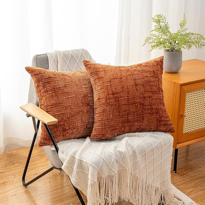 Decorative Throw Pillow Covers 18x18 Inch Set of 2, Soft Solid Farmhouse Chenille Couch Pillows, Spring Pillow Covers for Couch Sofa Bed Living Room Home Decor Pillowcase, Rust