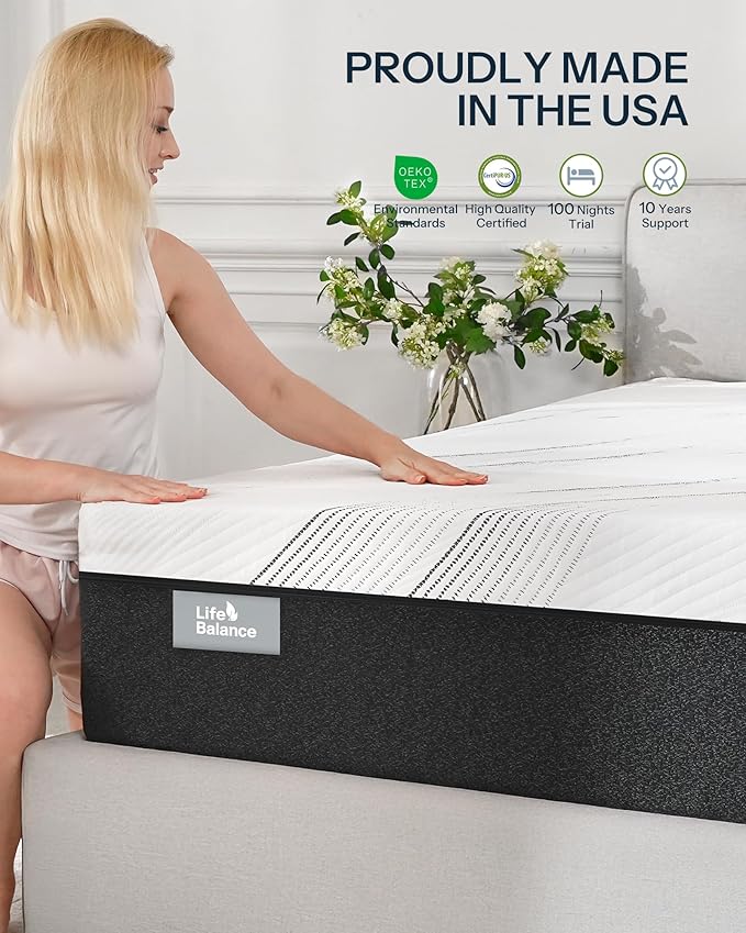 Life Balance Hybrid King Mattress 14 Inch, Made in USA, Plush, Individual Pocket Coils & Copper Gel Memory Foam, Hypoallergenic & Odorless, Motion Isolation & Pressure Relief, Mattress in a Box
