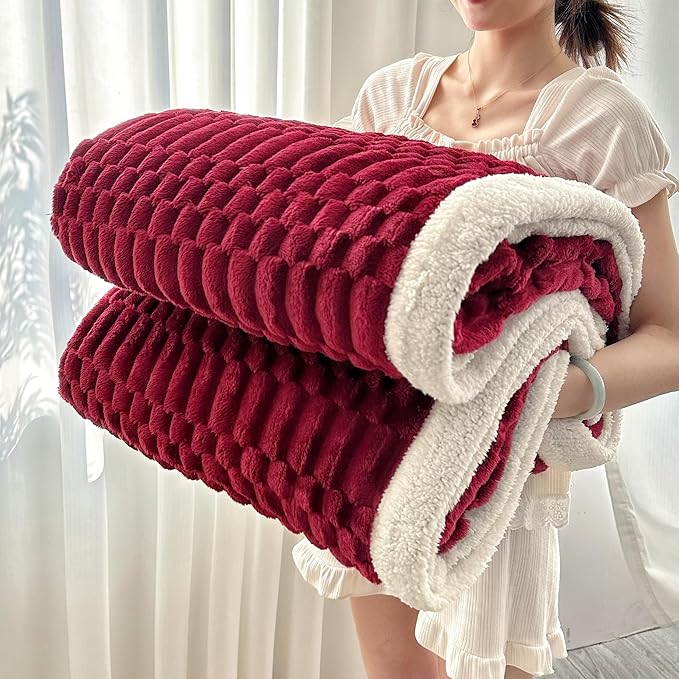 UKELER Sherpa Throw Blanket 60 × 80 inch, 470 GSM Striped Sherpa Fleece Blanket for All Season, Warm and Cozy Blankets for Couch Sofa Bed Office Camping, Red