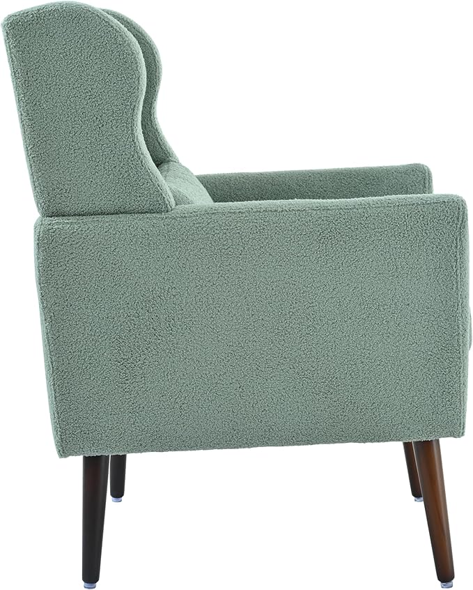Accent Chair, Comfy Upholstered Living Room Chairs with High Tufted Backrest and Pillow, Wingback Reading Chair with Solid Wood Legs for Bedroom/Office, Teddy Fabric, Light Green