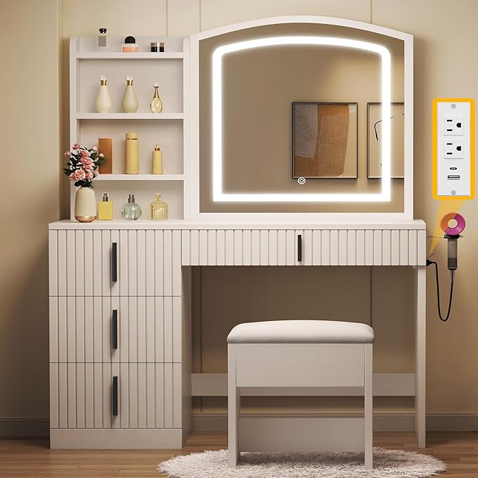 YITAHOME Fluted Makeup Vanity Desk with Mirror & Power Outlet, Vanity Table Set with Hidden Storage, Makeup Desk with 4 Drawers, 3-Color LED Lighted Dressing Table with Storage Cushion Stool, White