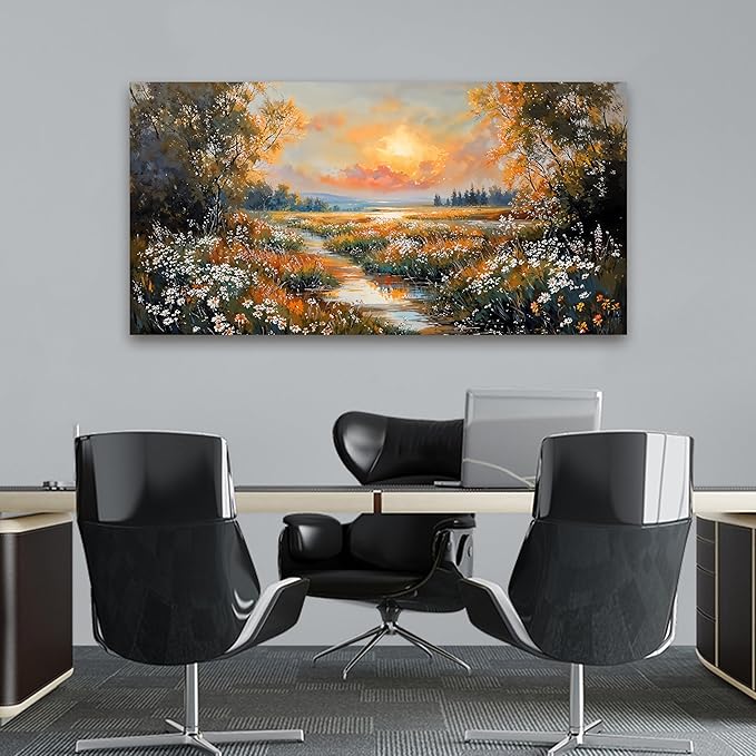 Canvas Wall Art Decor Vintage Wildflower Wall Art Prints Canvas Wall Art for Living Room Nature Landscape Art Work for Wall Decor River Sunset Artwork for Walls Bedroom Office Wall Art Decor 20" X 40"