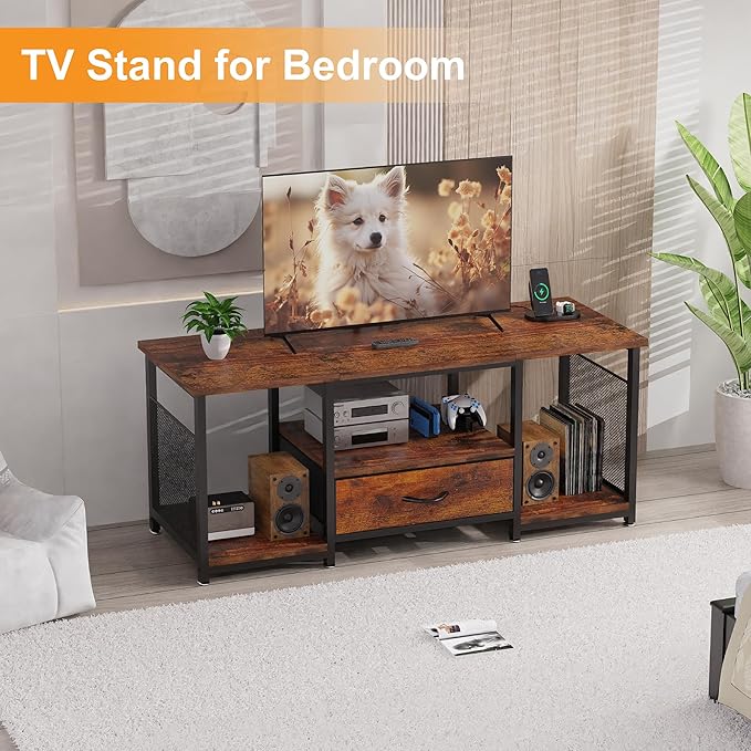 TV Stand with Drawers and Power Outlet for 65 60 55 Inch TV, Entertainment Center with Open Storage Shelves, Industrial Media TV Console Table for Living Room Bedroom Office, Rustic Brown