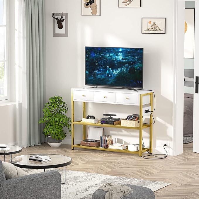 Ecoprsio 47'' Entryway Table with Outlets and USB Ports, Console Table with 3 Drawers, Sofa Table Narrow Long with Storage Shelves for Living Room, Couch, Hallway, Foyer, White and Golden