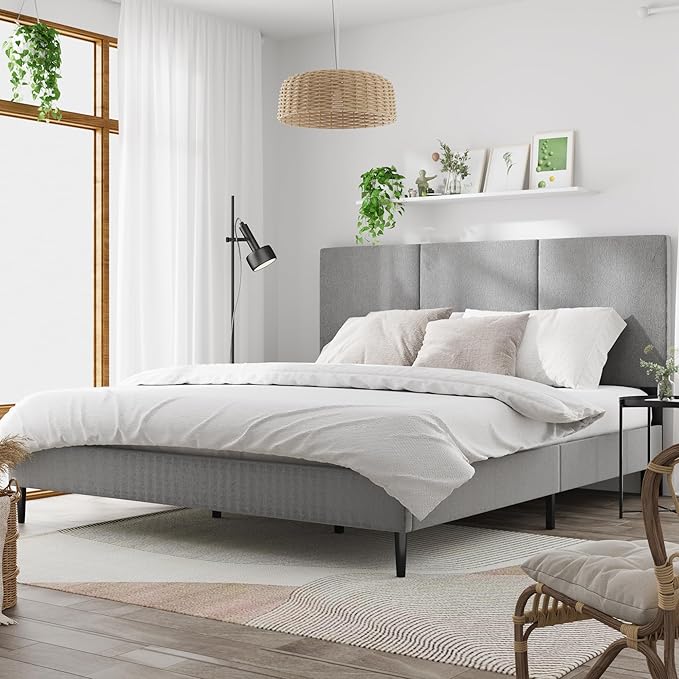 King Bed Frame with Headboard, Vertical Channel Fabric Heavy Duty King Size Bed Frame, No Box Spring Needed, Easy Assembly, Platform Bed Frame with Headboard, Grey