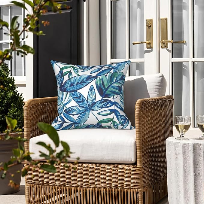 LVTXIII Outdoor Throw Pillows, Decorative Throw Pillows with Inserts, 20"x20" Square Pillows for Bed, Couch, Sofa and Patio Furniture, Set of 2, Leaves Ink Blue