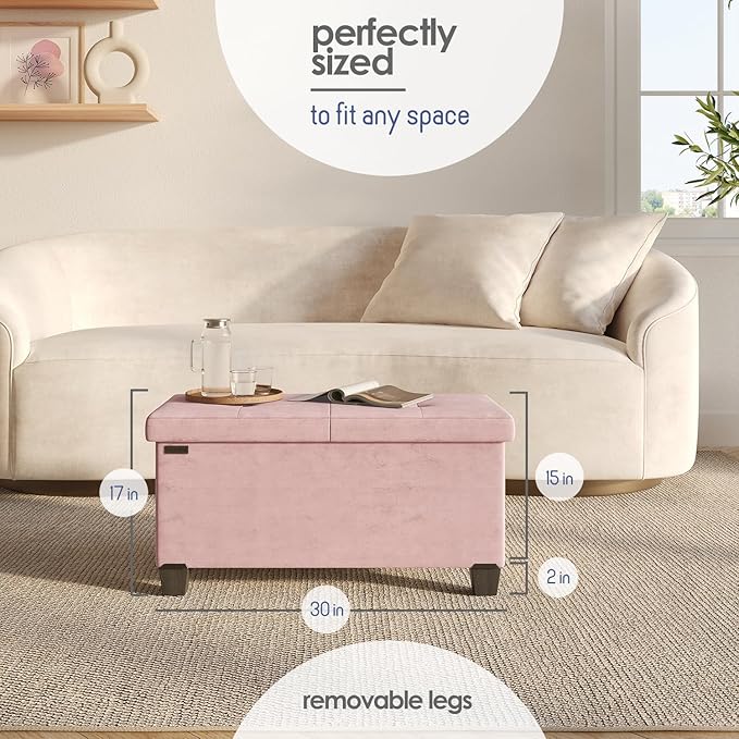 STORAGEBUD Storage Ottoman Bench with Bins, 30-in Storage Bench for Bedroom End of Bed, Folding Foot Rest Ottoman for Living Room Max 660lbs, Velvet Ottomans, Pink