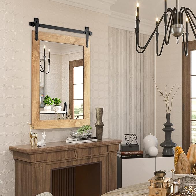 Farmhouse Barn Door Mirror 22”x32” Rustic Decorative Vanity Mirrors Wall Decor Mirror for Bathroom Living Room Entryway