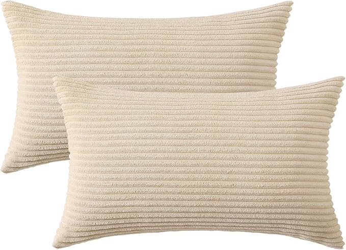 Mecatny Corduroy Decorative Throw Pillow Covers 12x20 Set of 2 for Sofa Living Room, Soft Neutral Boho Couch Pillow Covers for Home Decor, Beige
