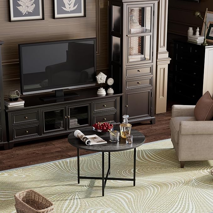 Round Coffee Table, Small Coffee Tables for Living Room, Wood Coffee Table with Metal Frame, Floor Table Desk for Sitting on The Floor, Home, Office, Farmhouse, Dark Gray (23.6" D x 17.7" H)