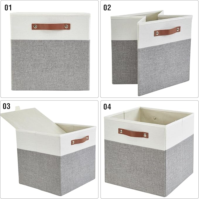 Collapsible Fabric Storage Cube Bins with 2 Reinforced PU Handles, Foldable Storage Organizer Baskets for Closet, Shelves, Living Room | 11"x11"x11", 4 Pack, Gray & White