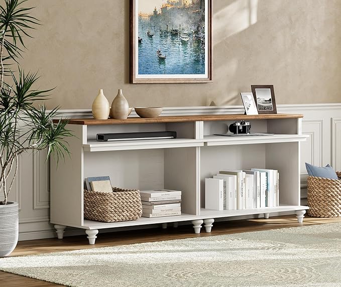 WAMPAT Farmhouse TV Stand for 75 inch TV, Wood Universal TV Stand with Storage Shelfves, Highboy Entertainment Center TV Console Table, White