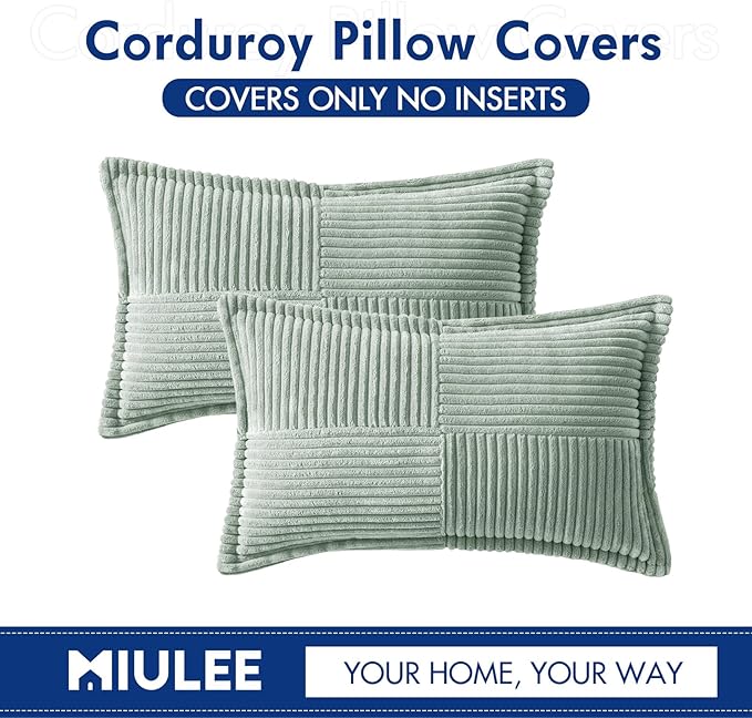 MIULEE Decorative Lumbar Throw Pillow Covers for Couch Bed Livingroom 12x20 Inch Set of 2 Greyish Green Boho Accent Throw Pllows Broadside Striped Patchwork Soft Corduroy Summer Pillowcases