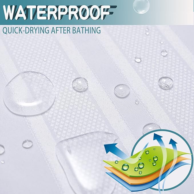 Extra Long No Hook Waffle Weave Shower Curtain with Snap in Liner Set, Hotel Luxury White Shower Curtains for Bathroom with See Through Top Window, Waterproof, Washable 71W x 84H Stripe