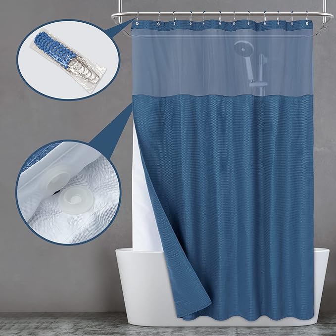 N&Y HOME Waffle Weave Shower Curtain with Snap-in Fabric Liner & Hooks Set - Hotel Style, Water-Repellent & Washable, Heavyweight Fabric & Mesh Top Window - 71x72, Moonlight Blue