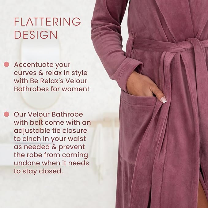 Be Relax Terry Velour Robe - Made of Polyester, Shawl Collar Robe with Belt & Side Pockets, Soft & Warm Bathrobe for Women