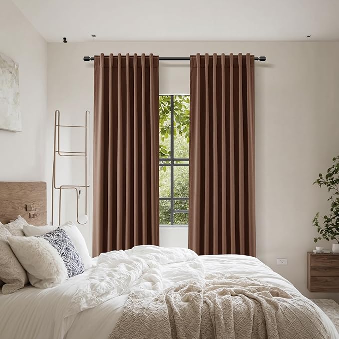 Guken Blackout Curtains 96 Inch Length 2 Panels Set for Living Room Bedroom Back Tab Thermal Insulated 100% Black Out Linen Drapes Room Darkening Window Curtains 96 Inches Long,Rustic Brown
