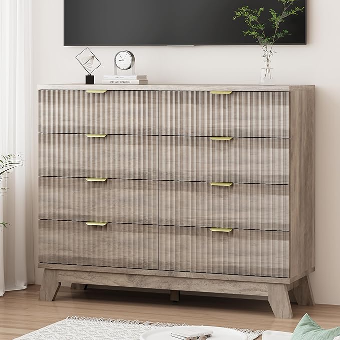 Fluted Dresser for Bedroom with 8 Drawers, 48" Wide Modern Chest of Drawers with Metal Handle, Wooden Dresser TV Stand, Wood Closet Clothes Storage Drawer Organizer for Living Room, Hallway, Grey