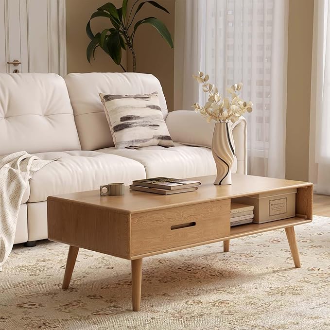 100% Solid Wood Coffee Table for Living Room, Mid-Century Modern Coffee Table with Storage Shelf and 2 Drawers, Oak Coffee Tables for Home (Natural Wood Color, 39.37'' W)