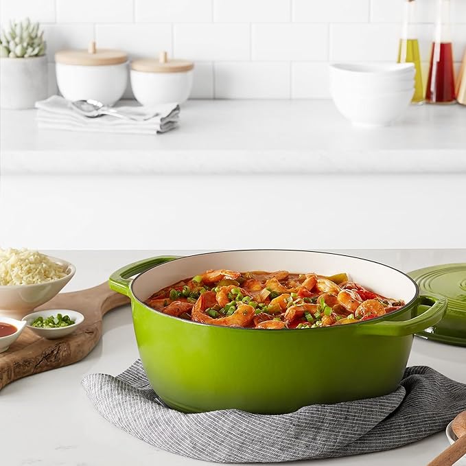 Amazon Basics Cast Iron Dutch Oven Pot with Lid, Enameled, Round, Dual Handles, Heavy-Duty, Large, 7.3-Quart, Green