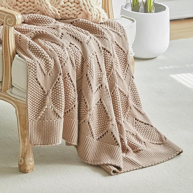 Longhui bedding Chunky Cotton Knit Throw Blanket for Couch, Sofa, Bed, or Chair, Decorative Breathable Fall Cable Knit Blanket 51 x 63 Inches, Pink Rose
