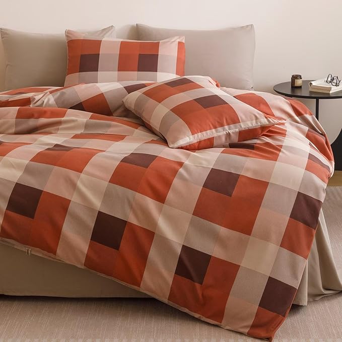 Luxlovery Gingham Red Comforter Set Queen Checkered Bedding Set Women's Bedding Grid Bedding Set Fluffy Soft Cottagecore Khaki and Brick Red Blanket Quilts with 2 Pillowcases Queen Bed