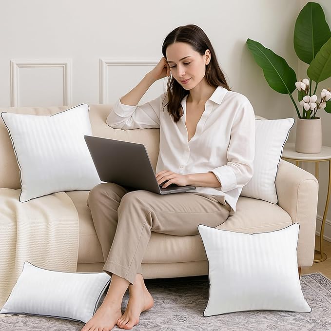 Pillows Insert 16'' x 16'' Set of 2, Decorative Throw Pillows with Luxury Silky Covers for Indoor Couch, Sofa or Bed Decors, White Striped Cushion Sham Stuffer