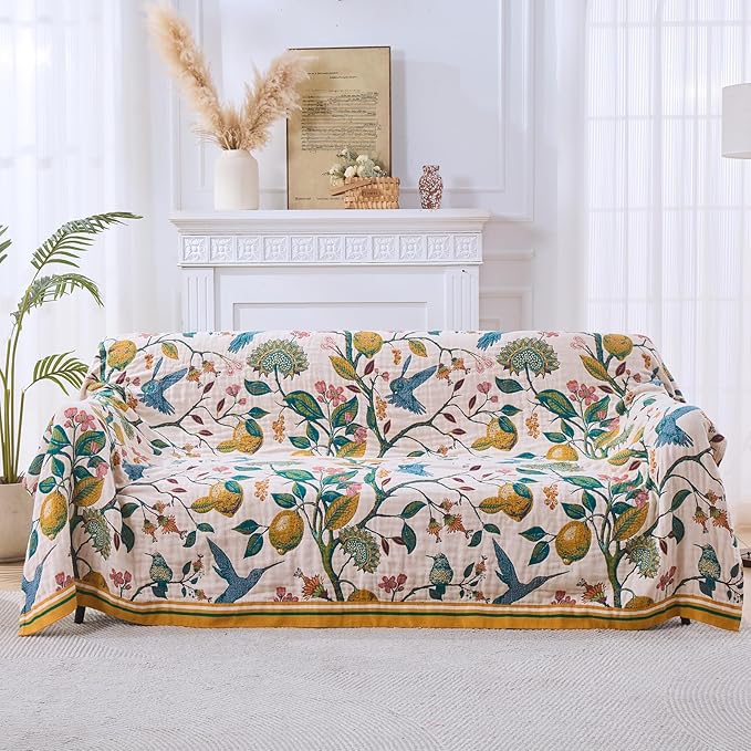 Boho Throw Blanket for Bed-100% Cotton Soft Breathable Farmhouse Decor Boho Quilt for Sofa (Flower Bird, 90"x98")