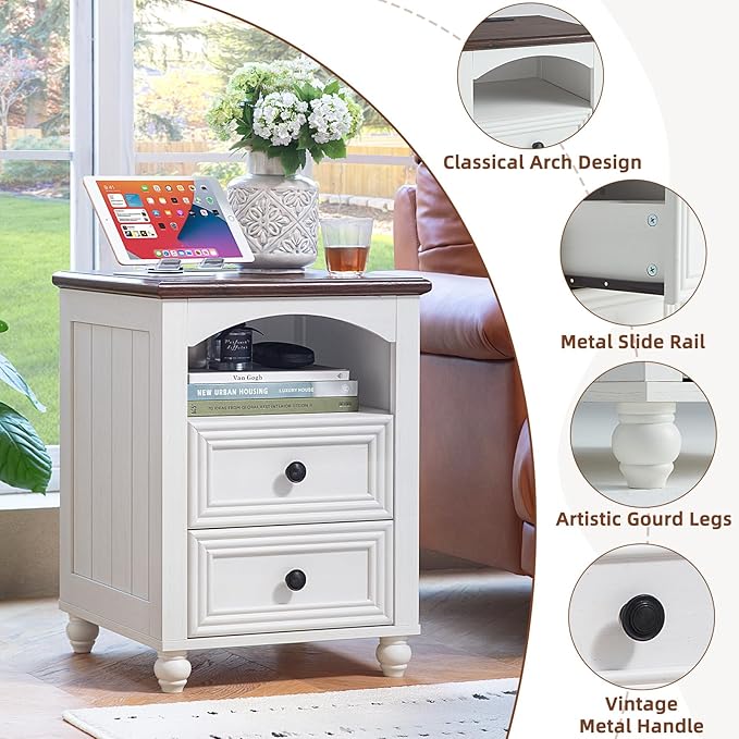 18" Farmhouse Night Stand Set 2 with Charger Station, White 2 & 3 Drawers Wood Nightstand, Bedside End Table with Storage and Roman Column, Bed Side Tables Cabinet for Bedroom, Living Room, and Closet