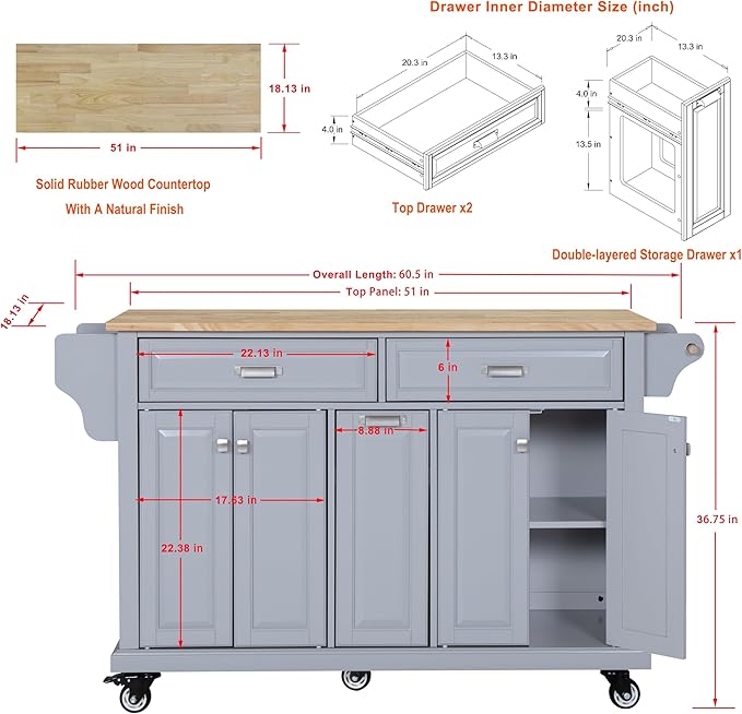 Cambridge Mobile Kitchen Island on Wheels with Storage and Wood top, Rolling Island with Spice Rack and Towel Holder, L60.5 x W18.13 x H36.75IN Island Table for Kitchen, (Grey)