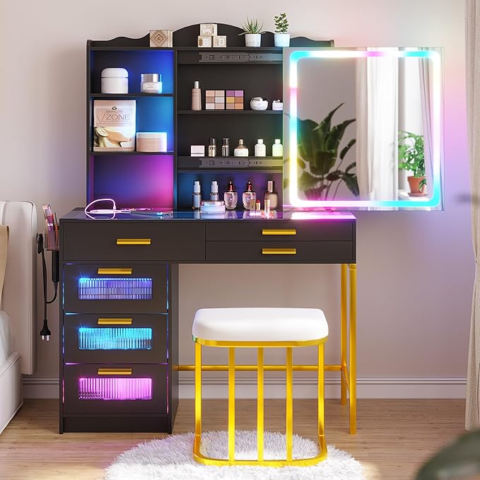 HENBC Vanity Desk with Sliding Mirror and Glass Desktop, LED Vanitys Mirror with RGB Lights Desk and Chair, Dressers Table Set with Charging Station/Makeup Organizer/6 Drawers for Bedroom(Black)