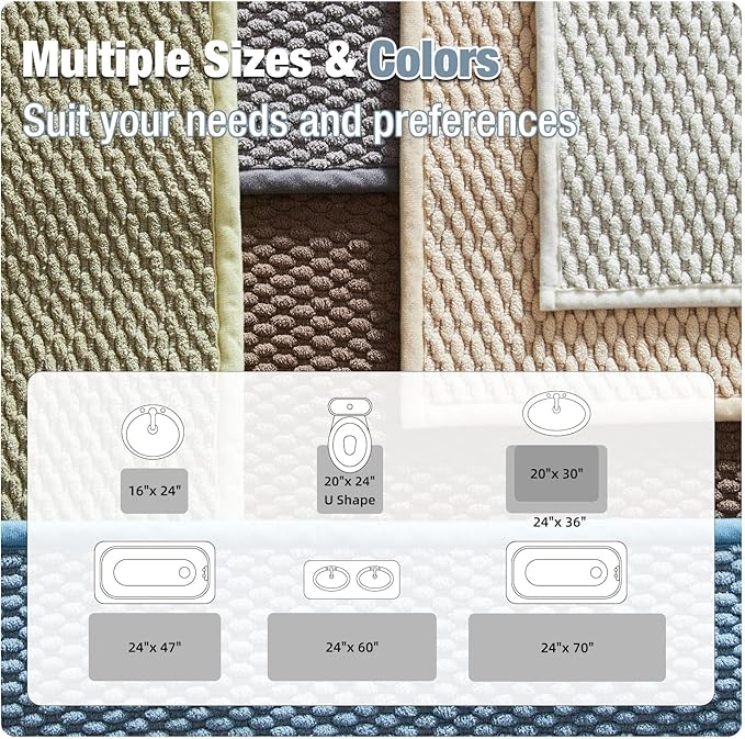 Non Slip Washable Bath Mat, Low Pile Chenille Bathroom Rug, Super Absorbent, Quick Dry, Denim Blue, 20"x24" U Shape