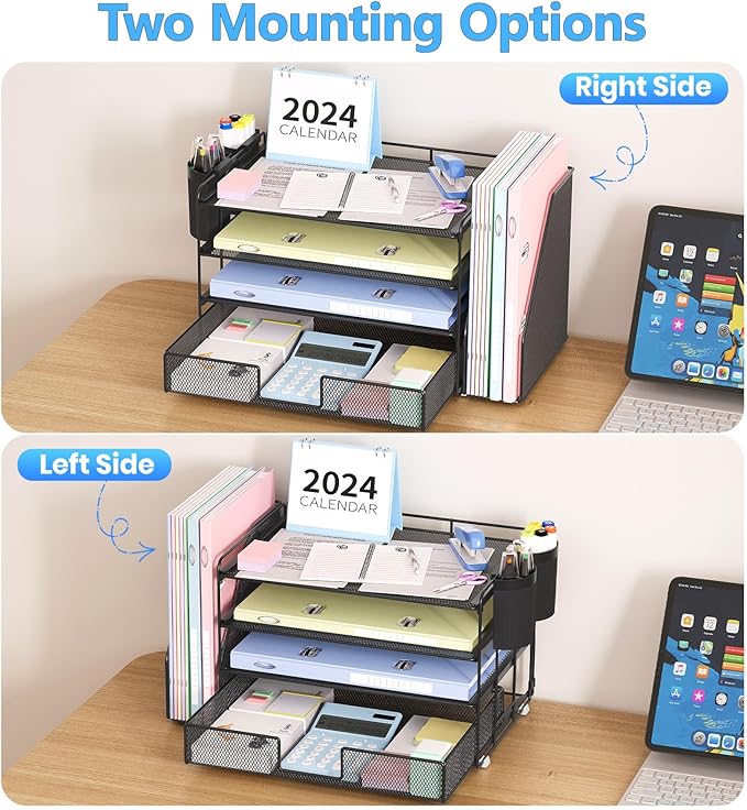 Desk Organizer and Accessories, 4-Tier Desktop File Organizer with Drawer and 2 Pen Holders, Office Desk Accessories, Workspace Organizers for Office Supplies(Black)