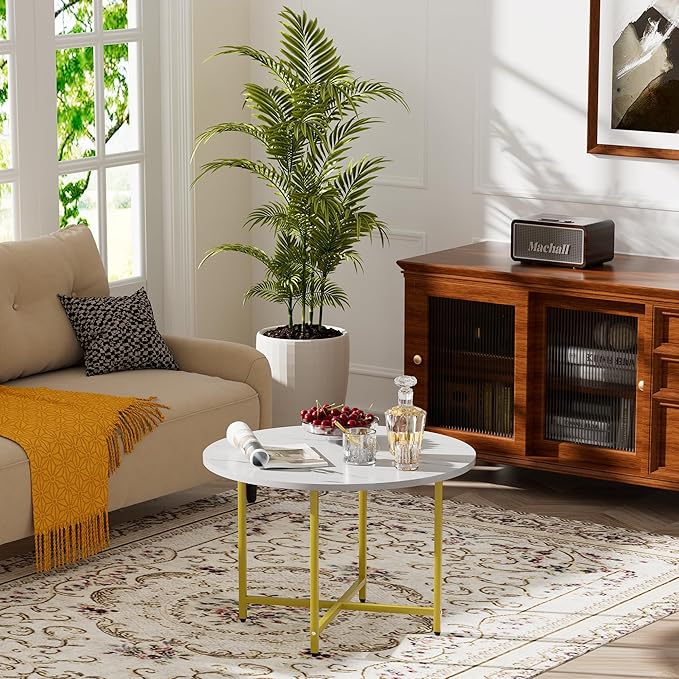 Round Coffee Table, Small Coffee Tables for Living Room, Wood Coffee Table with Metal Frame, Floor Table Desk for Sitting on The Floor, Home, Office, Farmhouse, White & Gold (23.6"D x 17.7"H)