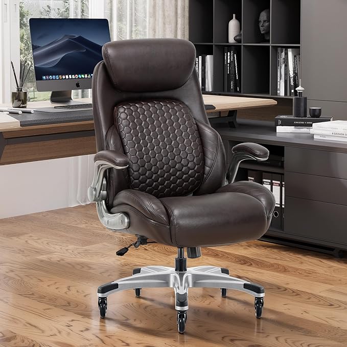 COLAMY Office Chair Ergonomic Desk High Back Executive Chair with Pop-Out Lumbar Support, Upgraded Casters, Adjustable Headrest, Flip-Up Arms, Leather Home with Thick Cushion for Comfort - Brown