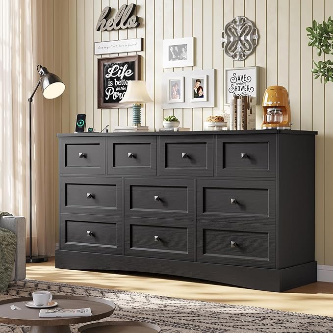 Hasuit Black Dresser for Bedroom with 10 Drawers, 55.2" Long Drawer Dresser with Charging Station, Farmhouse Dressers Chest of Drawer, Large Wooden Storage Tower Organizer, Dressers for Bedroom Closet