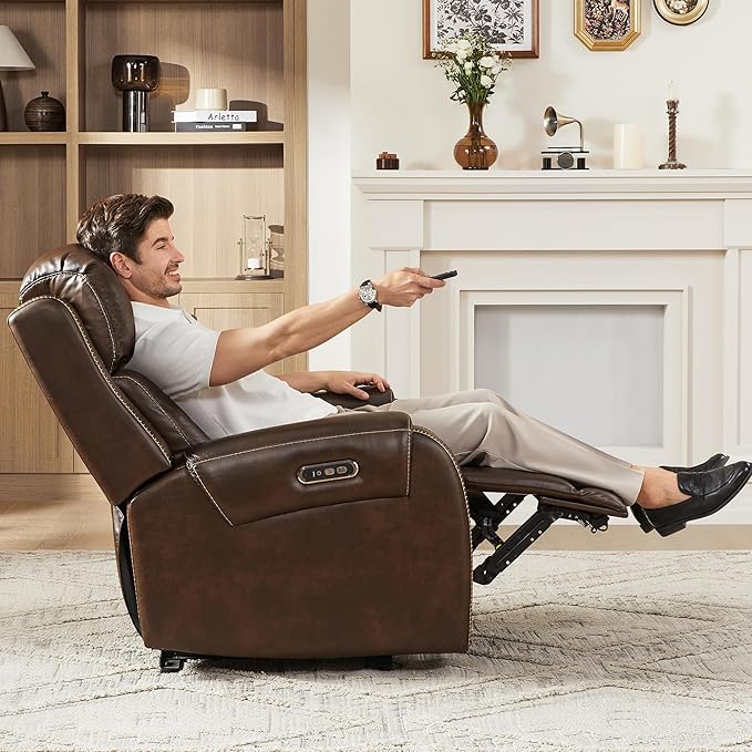 CHITA Genuine Leather Power Recliner Chair for Adults, Electric Wall Hugger Recliner with Adjustable Power Headrest & USB/Type-C Ports, Compact for Small Spaces & Living Rooms, Dark Brown